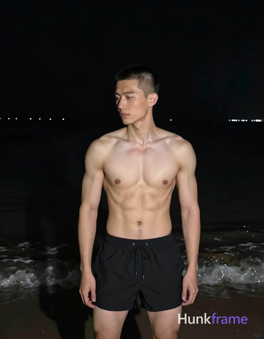 Asian man with short buzz cut and clean-shaven face stands upright in night beach setting, torso angled left gazing downward right; Shirtless adult displaying sculpted shoulders, defined pectorals, visible six-pack abs, toned arms wearing black drawstring swim trunks at hip level; High-contrast chiaroscuro lighting creates deep shadows against dark water with distant horizon lights; Fine-art editorial composition emphasizes minimalist negative space and masculine form in vertical portrait orientation; single clean uninterrupted photograph with a cohesive editorial composition and plain continuous surrounding surfaces