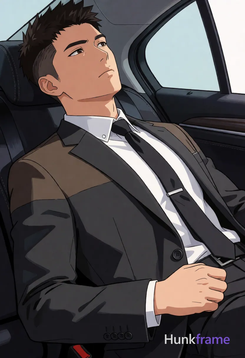 Asian man with short dark brown spiky undercut hair and clean-shaven face, neutral pensive gaze upward; Reclining diagonally in a vehicle seat against window, left arm bent hand near waist, right torso angled to viewer; Wearing dark grey charcoal suit jacket with two-toned brownish shoulder panel, white dress shirt collar buttoned to neck, black tie secured by silver clip; Fully clothed lean build adult male rendered as polished anime 2.5D next-gen game art character expressive face athletic anatomy high-quality rendering inside car interior setting; single clean uninterrupted artwork with a cohesive composition and plain continuous surrounding surfaces