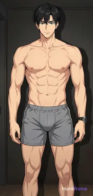 An adult masculine man with a muscular build and thick thighs stands facing forw