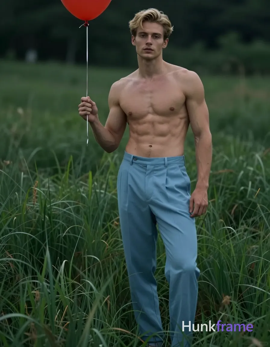 A handsome adult man with light skin and short styled blonde hair stands upright in tall grass, facing forward with a slight torso rotation to the left. He is shirtless revealing broad shoulders, defined pectorals, visible abdominal musculature, and thick thighs, wearing light blue pleated trousers with waistband visible but no belt. His right arm bends holding a red balloon string near his waist while his left arm relaxes at his side. The full-body shot captures him from head to mid-thighs in the center-right of the frame against softly blurred green foliage. Cinematic lighting creates high contrast between the subject and muted background with cool undertones, evoking a melancholic contemplative mood., a single uninterrupted photograph only, no written words or typography anywhere in frame, no captions, no app UI, no social-media post layout, no screenshot borders