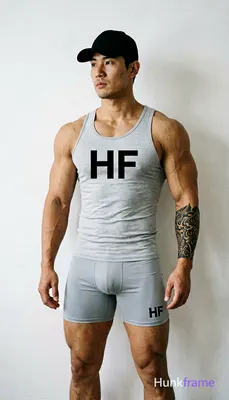 Asian muscular man with short black straight hair and clean-shaven face stands against a plain white