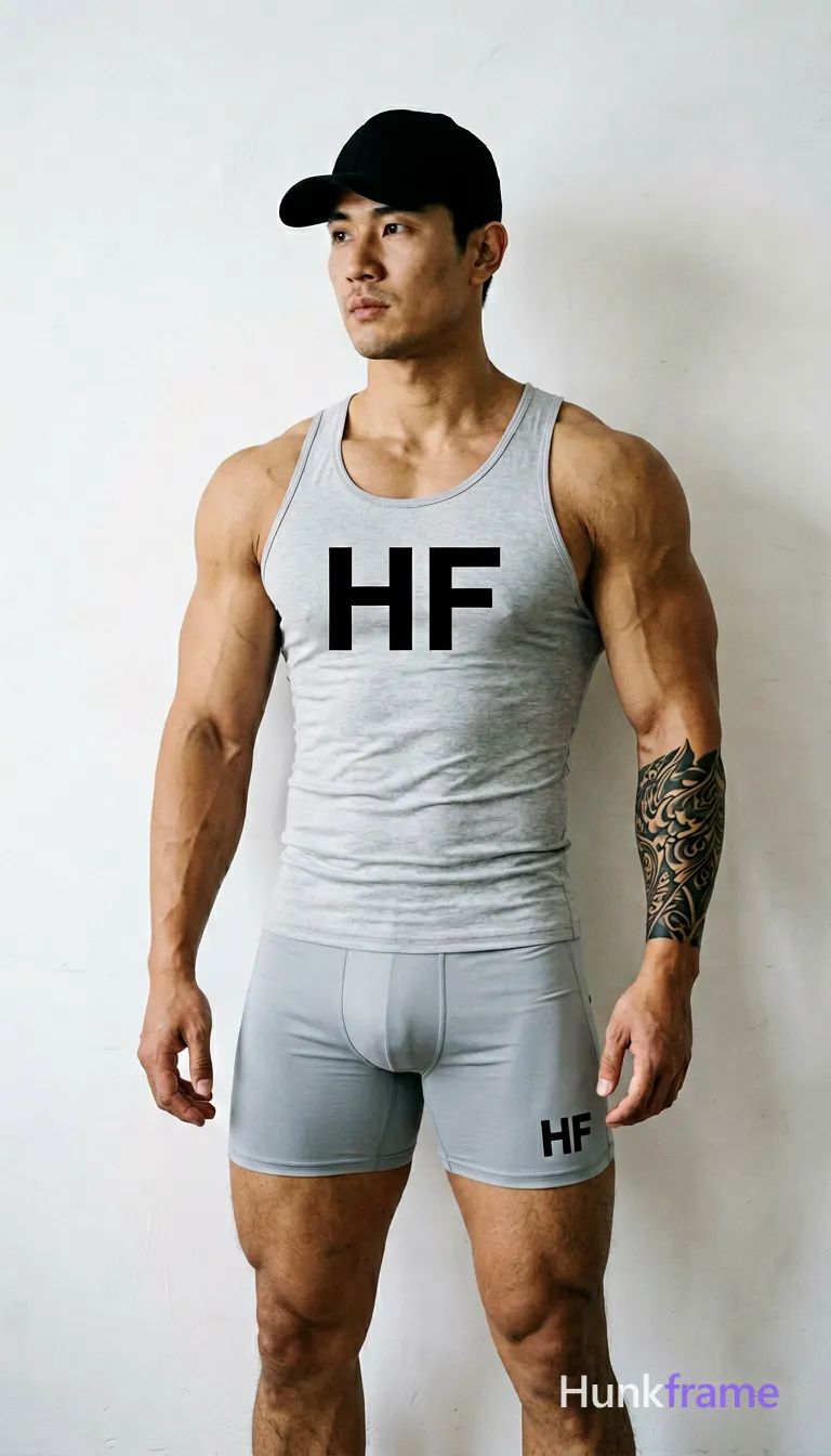 Asian muscular man with short black straight hair and clean-shaven face stands against a plain white wall, leaning slightly left; He wears a low-sitting black an anonymous figure cap, light grey fitted tank top reading 'HF', matching athletic shorts with logo on the leg; Arms fully exposed showing defined biceps, triceps, vascularity, and large tribal tattoo on left forearm; legs visible from thighs down; Bold flat-color poster design with high-contrast color blocking; FULL GARMENT TEXT REPLACEMENT: remove every source garment word, sentence, slogan, logo, and partial brand spelling from every existing print area, then replace those source marks with only the wordmark, spelled exactly "HF"; This is replacement, Repeated "HF" marks are allowed only where the source garment already had printed text; preserve appropriate placement, typography, color, and scale, logo, caption, username, hashtag, comment, watermark, or UI chrome; securely fitted underwear or swim trunks with complete frontal coverage; single clean uninterrupted photograph with a cohesive editorial composition and plain continuous surrounding surfaces