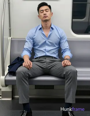 An Asian man with light-medium skin and short black hair styled back sits on a subway bench, eyes cl
