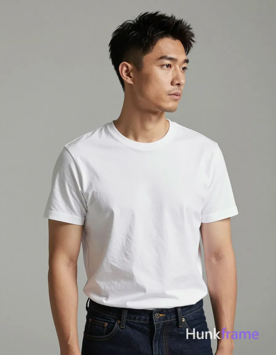 Asian man with light-medium skin and short dark black hair featuring a textured top swept upward, faded undercut sides, clean neckline at nape; Clean-shaven chin and upper lip with light stubble on jawline and neck; neutral contemplative gaze directed off-camera to the right; Standing in three-quarter profile facing slightly right, head turned further right looking away from camera; Left arm relaxed at side, right hand partially obscured near hip or pocket area; Wearing plain white crew-neck t-shirt with short sleeves showing slight wrinkling across chest and abdomen indicating fit; dark indigo denim jeans with visible front fly seam and waistband at natural waistline; Arms exposed from shoulder to wrist; neck and collarbone above neckline fully clothed torso; Waist-up portrait shot centered horizontally, head near upper third line extending down to waistline of jeans against plain neutral wall filling background; High-resolution fashion editorial photography with sharp focus on face and upper body, soft directional key light from front-left creating subtle shadows, even fill lighting minimizing harsh contrasts; single clean uninterrupted photograph with a cohesive editorial composition and plain continuous surrounding surfaces