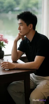 Asian man seated sideways at a dark wooden table in an indoor cafe, lean build w