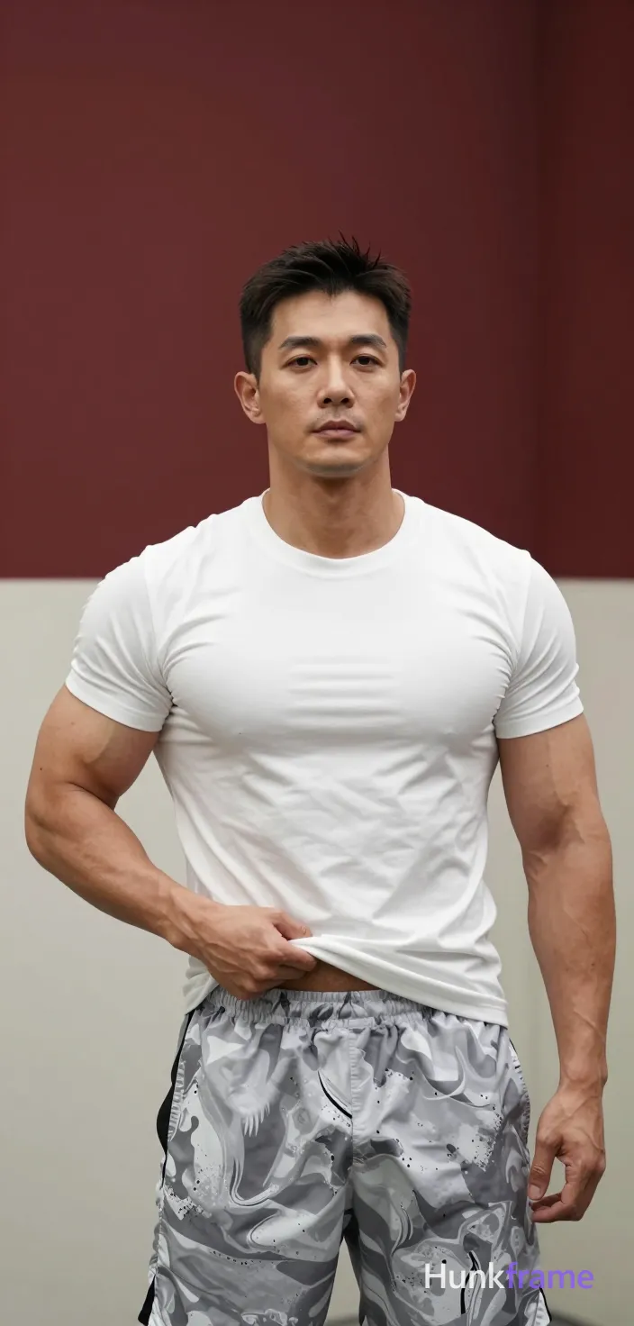 Asian man with short dark hair parted left and clean-shaven face stands center-left in a vertical portrait shot; He wears a fitted white crew-neck t-shirt being pulled down by both hands to expose lower abdomen and hips, paired with grey-and-white abstract-patterned athletic shorts; Broad shoulders, defined pectorals, and toned arms are sculpted under artificial overhead lighting casting soft shadows against a two-toned wall of upper maroon-red and lower off-white; Naturalistic photography with moderate depth of field captures realistic skin texture and fabric detail in an indoor corridor setting; single clean uninterrupted photograph with a cohesive editorial composition and plain continuous surrounding surfaces