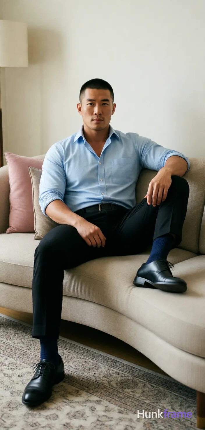Asian man with short buzz cut and clean-shaven face sits sideways on a curved beige sofa, torso leaning back against pillows; He wears light blue button-down dress shirt sleeves rolled to mid-forearm, collar open without tie or cufflinks, black tailored trousers with belt loop visible at waistline, dark navy crew socks pulled up to mid-calf, and black leather oxford shoes laces tied neatly; Left leg extended forward foot flat on rug right leg bent knee resting on sofa cushion; Indoor living room setting light-colored walls patterned rug underfoot beige curved sofa two throw pillows one pinkish-beige one taupe floor lamp visible left; Soft ambient indoor lighting from front-left direction creating gentle shadows on right side of face and body clean composition centered subject balanced negative space neutral background emphasizing attire posture fine-art photography dramatic yet soft lighting sculpted pose muscle-bear aesthetic broad shoulders meaty chest rugged warm confidence portrait orientation 13:19 aspect ratio; single clean uninterrupted photograph with a cohesive editorial composition and plain continuous surrounding surfaces