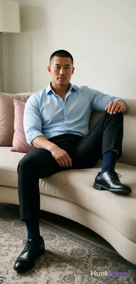 Asian man with short buzz cut and clean-shaven face sits sideways on a curved beige sofa, torso lean