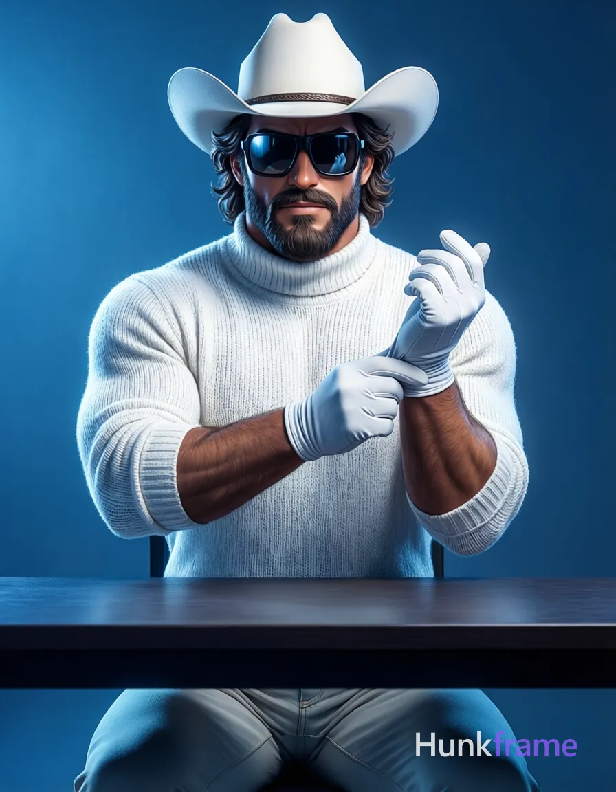 A fair-skinned Caucasian man with a full trimmed beard and mustache stands behind a dark table in an anime style. He wears a white textured turtleneck sweater, long sleeves rolled slightly at wrists, a white cowboy hat, black oversized reflective sunglasses, and light-colored trousers visible below the table edge while putting on white gloves. His torso is upright with broad shoulders and defined arms; he pulls the glove onto his right wrist using both hands in mid-motion. The scene features dramatic cool-toned directional lighting from the left casting sculpted shadows against a solid blue backdrop. The composition captures waist-up to head, centered, rendered as polished 2.5D next-gen game art with clean lines and sharp focus., same aesthetic theme and photo feel as the reference but a different man in a different pose with distinct body proportions, Mexican man, bronze skin, strong jaw, thick wavy hair, soccer-player lean legs, a single uninterrupted photograph only, no written words or typography anywhere in frame, no captions, no app UI, no social-media post layout, no screenshot borders