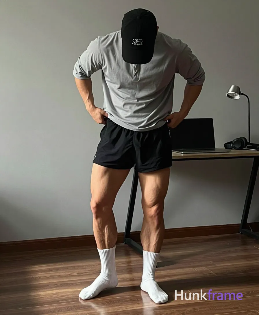 head bowed under a black baseball cap; He pulls up his heather grey polo shirt waistband mid-thigh with both hands while shifting weight onto the right leg; thick thighs and defined calves are fully exposed below knee-length black athletic shorts; White crew socks show on bare feet reflecting naturally in the glass; The background reveals an indoor room with light grey walls, dark wood flooring, a desk, laptop, lamp, and headphones to the right; Soft directional natural light from the right casts subtle shadows across his sculpted physique, shot on iPhone 15 Pro main camera, authentic smartphone computational photography, natural Smart HDR and true-to-life skin texture, vertical 9:16 Xiaohongshu lifestyle feed, bright clean everyday scene, unretouched phone photo with subtle sensor grain, trendy Chinese internet 网红 aesthetic, candid influencer energy; single clean uninterrupted photograph with a cohesive editorial composition and plain continuous surrounding surfaces