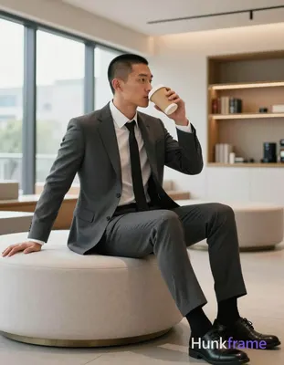 Asian man with short buzz cut and clean-shaven face in profile, seated sideways on a light-colored u