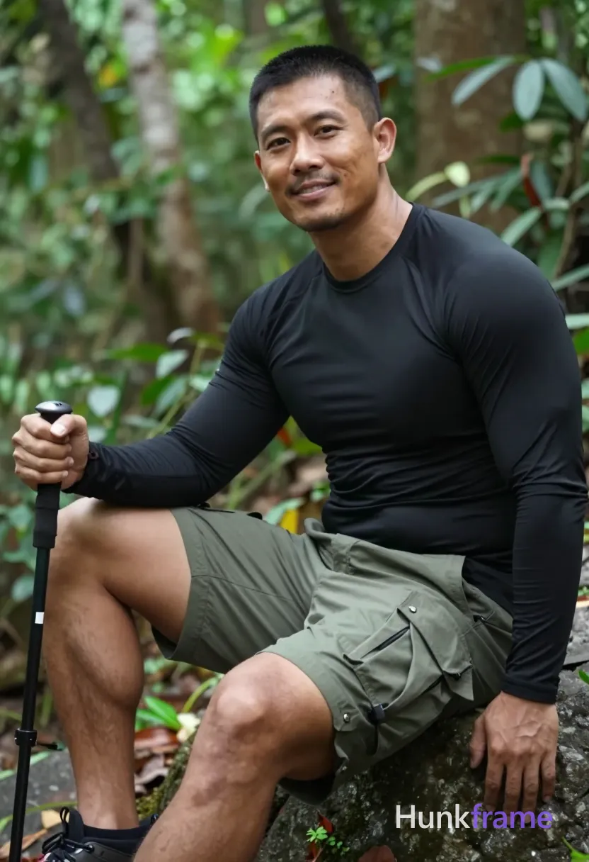 Asian man medium-tan skin short black buzz cut styled top light stubble seated on rock in forest torso angled left head turned to camera right knee up bent left leg extended downward out of frame wearing black long-sleeve athletic shirt fully covering torso olive-green cargo shorts broad shoulders thick thighs holding trekking pole handle near thigh dense green foliage background natural dappled lighting mobile phone camera aesthetic slightly grainy texture confident masculine posture tasteful suggestive framing 13:19 aspect ratio, same aesthetic theme and photo feel as the reference but a different man in a different pose with distinct body proportions, Filipino man, golden brown skin, warm smile lines, compact muscular build, a single uninterrupted photograph only, no written words or typography anywhere in frame, no captions, no app UI, no social-media post layout, no screenshot borders
