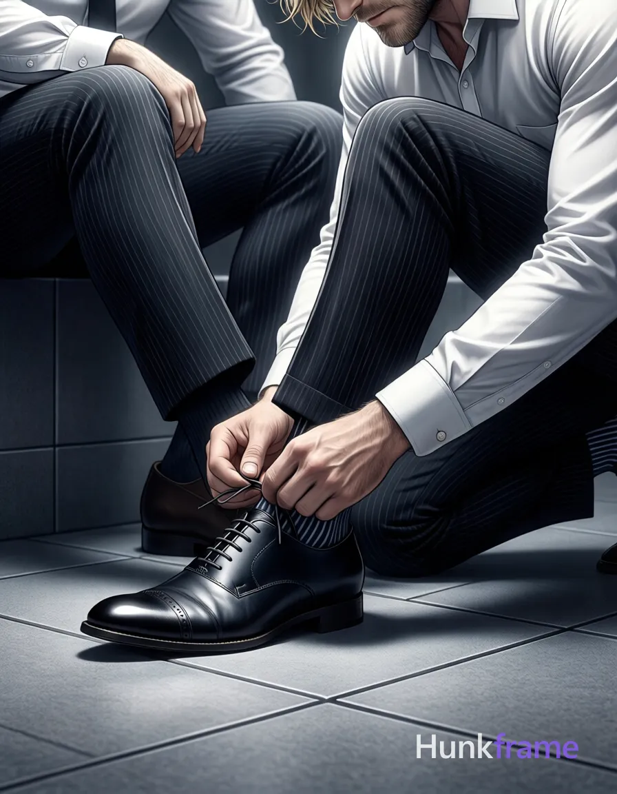 High-resolution anime 2.5D next-gen rendering of two adult men in a tight close-up fashion editorial shot focusing on lower legs and hands against large gray square tiles. One man sits with thick thighs extended, one leg bent, while the other kneels beside him to assist tying black leather cap-toe dress shoe laces. Both wear white long-sleeve button-ups with cuffs visible, dark pinstripe suit trousers, and black socks; kneeling subject wears striped socks. Soft directional overhead lighting casts subtle shadows under shoes along tile seams in a monochrome palette of black, white, navy, and gray. The composition is vertically oriented 13:19 portrait, cropped to exclude faces for an intimate, refined mood emphasizing texture and form., same aesthetic theme and photo feel as the reference but a different man in a different pose with distinct body proportions, Northern European man, light freckled skin, dirty blond hair, tall lanky runner frame, a single uninterrupted photograph only, no written words or typography anywhere in frame, no captions, no app UI, no social-media post layout, no screenshot borders