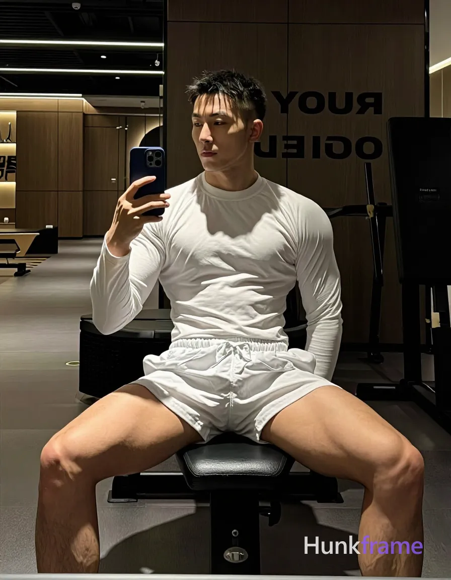 Asian adult man with short black buzz cut and clean-shaven face, neutral expression gazing into mirror reflection; Seated on gym bench facing forward in vertical portrait composition, legs spread wide apart with knees bent to prominently display thick quads and defined glutes; Shirtless torso covered by form-fitting white long-sleeve compression shirt clinging from neck to waistline; matching white athletic shorts ending mid-thigh showing drawstring waistband at front center; Holding dark blue smartphone vertically in right hand capturing reflection, left hand resting on left thigh near hip area; Background features gym equipment behind him on the right side and partial wall text 'YOUR DEST'; High-contrast lighting with overhead track lights casting directional shadows across face and torso against industrial fluorescent glow; FULL TEXT REPLACEMENT: remove every original source word, sentence, slogan, logo, and partial spelling from the text-bearing area, then replace it with only the wordmark, spelled exactly "hunkframe" in the original compositional text position; This is replacement; Preserve appropriate typography and scale; No other visible; single clean uninterrupted photograph with a cohesive editorial composition and plain continuous surrounding surfaces