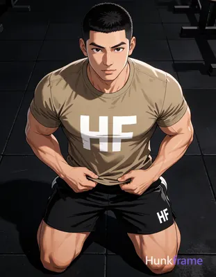 Asian man with short black buzz cut and clean-shaven face, eyes closed mid-exertion mouth open; High