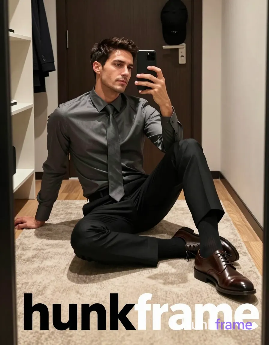 A handsome adult man with light to medium skin and short dark brown hair sits on a beige rug, left leg bent right extended; He wears a dark gray long-sleeve dress shirt buttoned up, matching tie knotted at neck, black tailored trousers, black socks, and lace-up leather shoes; Torso leans back supported by left hand while right arm raises holding a black smartphone angled toward the mirror for self-portrait capture; Full-body shot from head to feet framed vertically with slight tilt toward reflection; Centered on light wood floor; background features dark wooden door with hanging coat and cap, white shelving unit; Soft ambient indoor lighting creates gentle highlights on shirt fabric; Clean lines muted tones fashion-forward relaxed atmosphere fine-art photography dramatic yet soft lighting premium aesthetic; FULL TEXT REPLACEMENT: remove every original source word, sentence, slogan, logo, and partial spelling from the text-bearing area, then replace it with only the wordmark, spelled exactly "hunkframe" in the original compositional text position; This is replacement; Preserve appropriate typography; single clean uninterrupted photograph with a cohesive editorial composition and plain continuous surrounding surfaces