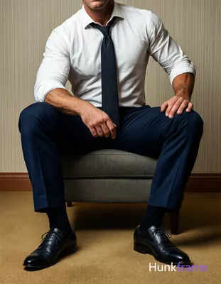 Seated adult man with light to medium skin tone and slim build, head cropped at 