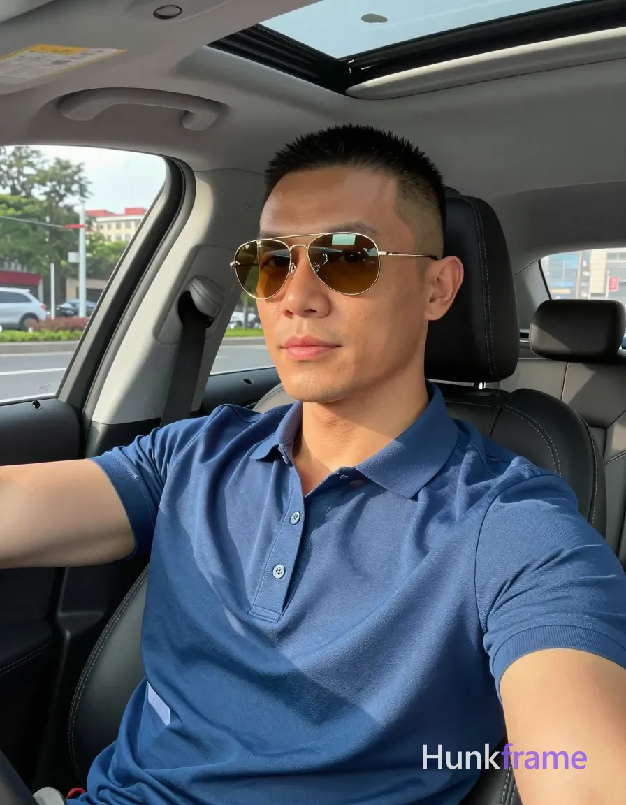 an anonymous figure man with light-medium skin and a short buzz cut featuring black textured top layer, wearing gold-rimmed aviator sunglasses with reflective amber lenses resting on the nose bridge; He is seated in the driver's seat of a car, leaning back against the headrest while extending his left arm outward holding an invisible device for a selfie angle; Dressed in a blue short-sleeved polo shirt with buttoned placket and single visible button, fully clothed adult torso showing broad shoulders and defined collarbones; Portrait crop from chest up to forehead, center-left composition occupying majority of frame, head slightly tilted toward camera; Interior of modern vehicle during daylight hours with sunroof open revealing sky above; city street visible through windows with trees and buildings in distance; Natural sunlight streaming from left side creating soft shadows on right cheek and neck; High-resolution smartphone photography with slightly warm white balance and shallow depth of field blurring background street scene, conveying confident casual luxury mood; The adult man visibly wears; single clean uninterrupted photograph with a cohesive editorial composition and plain continuous surrounding surfaces