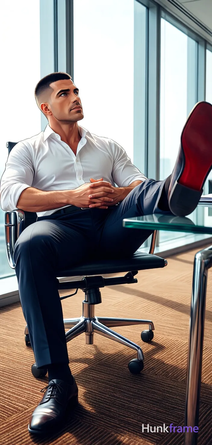 an anonymous figure man in his 30s with a short black buzz cut and clean-shaven face, gazing upward left. Seated relaxed on a chrome office chair base, leaning back slightly with hands clasped over lap. Wearing a white button-down shirt sleeves rolled to elbows revealing lean shoulders, dark navy dress trousers fully covering torso. Right leg extended onto glass desk surface showing red shoe sole accent, left foot planted on brown patterned carpet. High contrast window light from floor-to-ceiling windows illuminating the scene with soft interior ambient glow. Vertical portrait composition 13:19, center-left framing extending legs to right foreground. Polished anime style rendering with expressive face and athletic anatomy., a single uninterrupted photograph only, no written words or typography anywhere in frame, no captions, no app UI, no social-media post layout, no screenshot borders