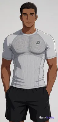A polished anime-style illustration of an adult man with medium brown skin stand