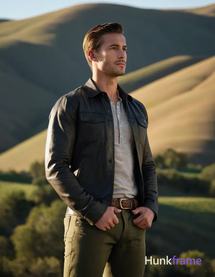 A strong an anonymous figure man stands outdoors in late afternoon, hands together at chest level, dressed in a striped button-up shirt and olive green pants with a brown belt. The background features rolling hills under a clear sky, soft golden light casting warm shadows on his natural skin tone. Camera captures full-body composition highlighting symmetry