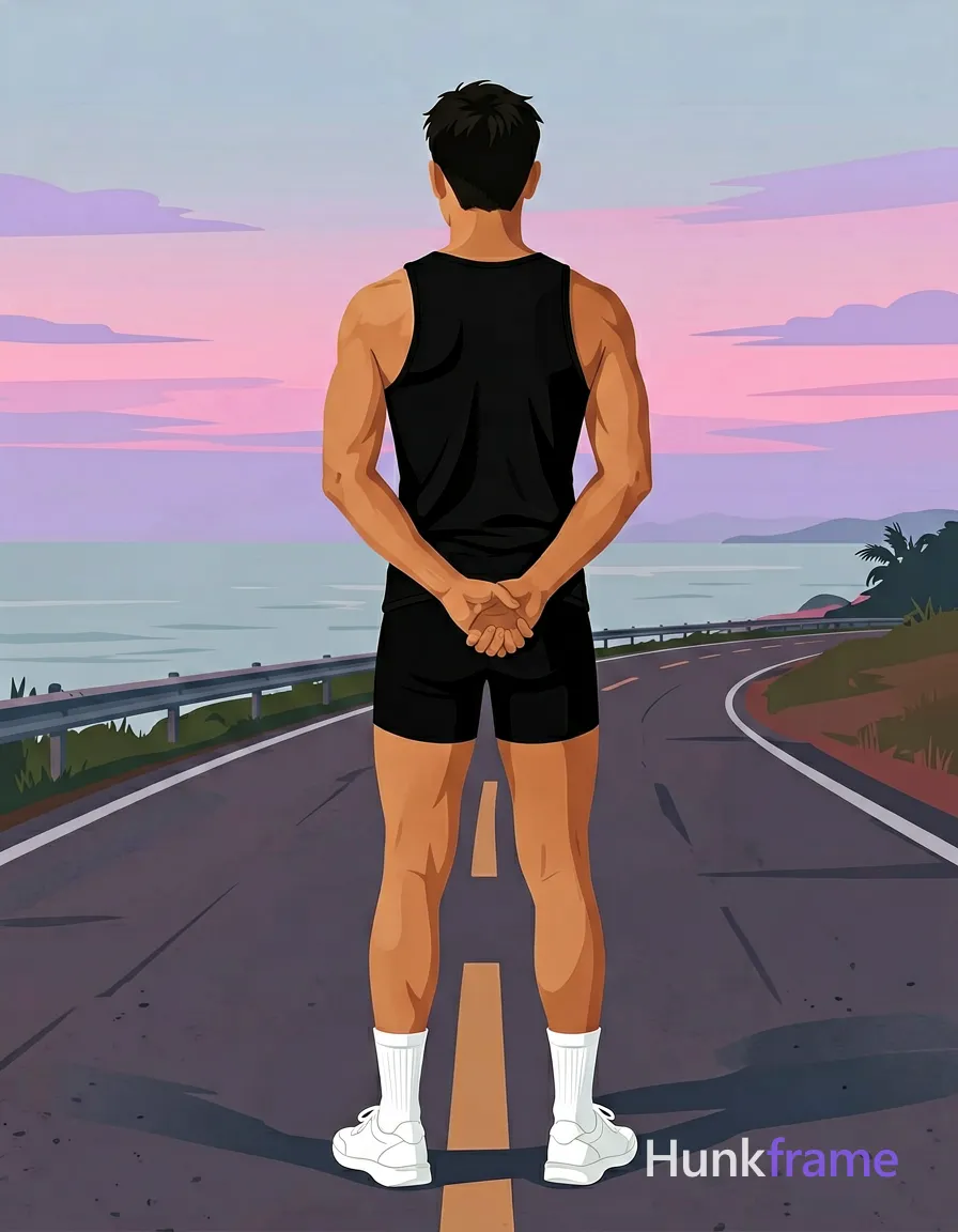 Bold flat-color poster wall art of adult man standing with back to camera hands clasped behind lower back on coastal paved road at dusk; He wears black sleeveless tank top exposing upper back shoulders arms, black athletic shorts ending mid-thigh, white crew socks pulled up to mid-calf, white low-top sneakers; High-contrast color blocking features pale blue-gray ocean pink lavender sky against clean vector line composition with strong leading lines from road curvature, same aesthetic theme and photo feel as the reference but a different man in a different pose with distinct body proportions, Thai man, smooth tan skin, gentle eyes, slim toned Muay Thai physique; securely fitted underwear or swim trunks with complete frontal coverage; single clean uninterrupted photograph with a cohesive editorial composition and plain continuous surrounding surfaces