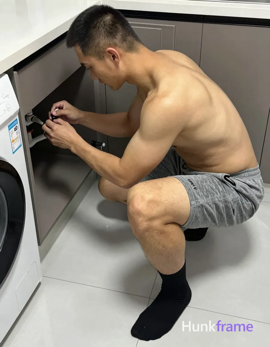 A handsome masculine man as Xiaohongshu fitness influencer crouches on white tiled floor in vertical social-feed look. Shirtless adult male with tanned skin and short dark buzz cut reaches inside dark under-sink cabinet adjusting plumbing pipes while torso leans forward over right knee wearing grey heathered mid-thigh athletic shorts and black ribbed crew socks. High-angle full-body shot from above centered view captures candid iPhone rear-camera snapshot energy in indoor utility room setting with washing machine partial view on left., a single uninterrupted photograph only, no written words or typography anywhere in frame, no captions, no app UI, no social-media post layout, no screenshot borders