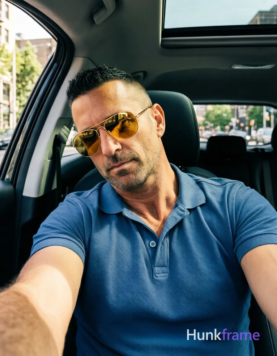 an anonymous figure man with light-medium skin and a short buzz cut featuring black textured top layer, wearing gold-rimmed aviator sunglasses with reflective amber lenses resting on the nose bridge; He is seated in the driver's seat of a car, leaning back against the headrest while extending his left arm outward holding an invisible device for a selfie angle; Dressed in a blue short-sleeved polo shirt with buttoned placket and single visible button, fully clothed adult torso showing broad shoulders and defined collarbones; Portrait crop from chest up to forehead, center-left composition occupying majority of frame, head slightly tilted toward camera; Interior of modern vehicle during daylight hours with sunroof open revealing sky above; city street visible through windows with trees and buildings in distance; Natural sunlight streaming from left side creating soft shadows on right cheek and neck; High-resolution smartphone photography with slightly warm white balance and shallow depth of field blurring background street scene, conveying rugged bear energy; The adult man visibly wears gold-rimmed; single clean uninterrupted photograph with a cohesive editorial composition and plain continuous surrounding surfaces