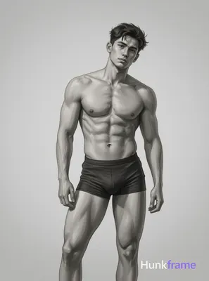 A pencil sketch of a shirtless man with short hair, head slightly tilted to the 
