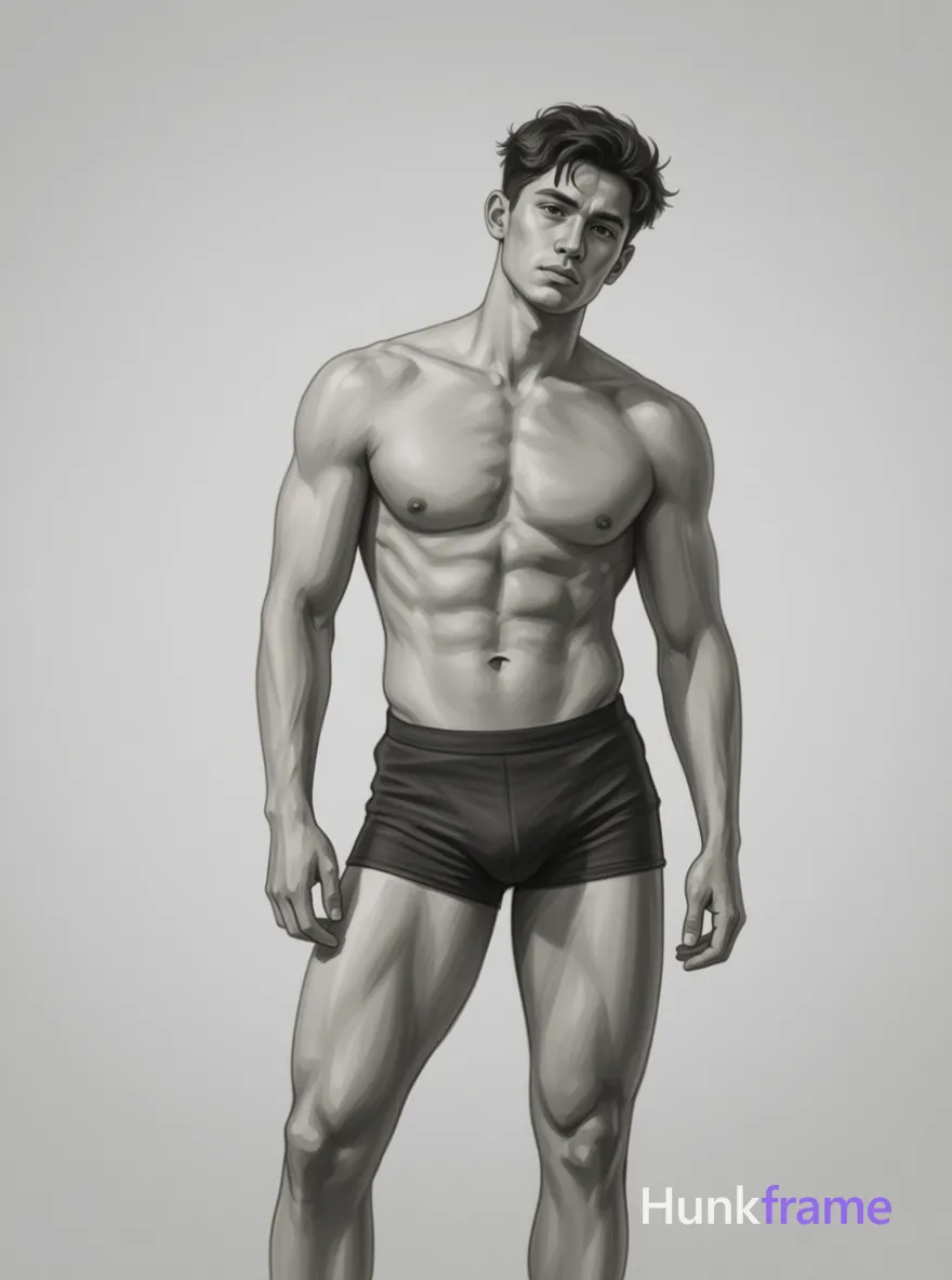 A pencil sketch of a shirtless man with short hair, head slightly tilted to the side, looking directly at the viewer. The composition shows a torso-only crop with the shoulders down and head fully visible within a vertical portrait orientation canvas (1044:1079 aspect ratio). Soft lighting casts subtle shadows on his thick muscular thighs. The sketch is rendered in muted gray tones, capturing a romantic aesthetic mood