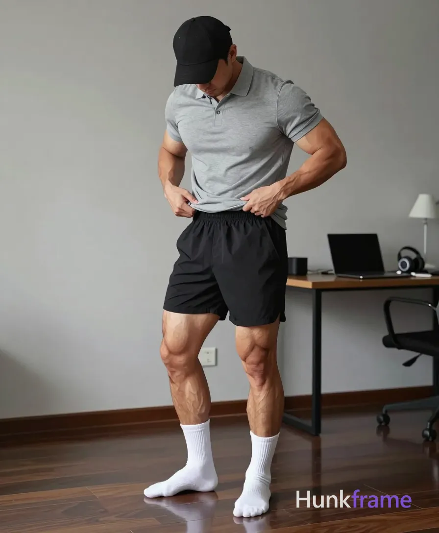 Polished anime style rendering of an adult man with light to medium tan skin standing sideways, head bowed under a black baseball cap; He pulls up his heather grey polo shirt waistband mid-thigh with both hands while shifting weight onto the right leg; thick thighs and defined calves are fully exposed below knee-length black athletic shorts; White crew socks show on bare feet reflecting naturally in the glass; The background reveals an indoor room with light grey walls, dark wood flooring, a desk, laptop, lamp, and headphones to the right; Soft directional natural light from the right casts subtle shadows across his sculpted physique; single clean uninterrupted artwork with a cohesive composition and plain continuous surrounding surfaces