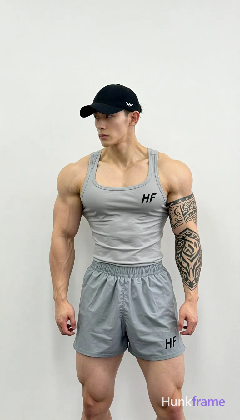 Asian muscular man with short black straight hair and clean-shaven face stands against a plain white wall, leaning slightly left; He wears a low-sitting black an anonymous figure cap, light grey fitted tank top reading 'HF', matching athletic shorts with logo on the leg; Arms fully exposed showing defined biceps, triceps, vascularity, and large tribal tattoo on left forearm; legs visible from thighs down; High-key lighting highlights physique details without harsh shadows; FULL GARMENT TEXT REPLACEMENT: remove every source garment word, sentence, slogan, logo, and partial brand spelling from every existing print area, then replace those source marks with only the wordmark, spelled exactly "HF"; This is replacement, Repeated "HF" marks are allowed only where the source garment already had printed text; preserve appropriate placement, typography, color, and scale, logo, caption, username, hashtag, comment, watermark, or UI chrome, shot on iPhone 15 Pro main camera, authentic smartphone computational photography, natural Smart HDR, vertical 9:16 Xiaohongshu lifestyle post, bright clean gym or; single clean uninterrupted photograph with a cohesive editorial composition and plain continuous surrounding surfaces