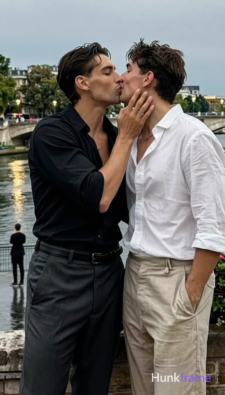 Man on the left has medium-dark skin, short dark wavy side-parted hair, clean-shaven face with closed eyes kissing passionately; he wears an unbuttoned black button-down shirt revealing chest and collarbone, broad shoulders, defined pectorals, dark grey tailored trousers, black leather belt; He stands facing right leaning in to kiss partner while left hand cups partner's jaw/neck; Partner on the right has medium-light skin, slender build, white unbuttoned shirt, beige linen trousers, standing facing left with right hand in pocket; Reflection shows Parisian riverside night scene with an anonymous figure and wet pavement reflecting warm streetlamp glow from left against cool sky; Shallow depth of field blurring background cityscape; Fine-art photography aesthetic, shot on iPhone 15 Pro main camera, authentic smartphone computational photography, natural Smart HDR and true-to-life skin texture, vertical 9:16 Xiaohongshu lifestyle feed, bright clean everyday scene, unretouched phone photo with subtle sensor grain, trendy Chinese internet 网红 aesthetic, candid influencer energy; single clean uninterrupted photograph with a cohesive editorial composition and plain continuous surrounding surfaces