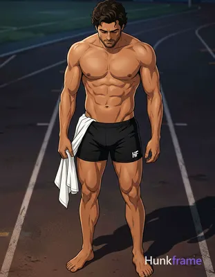 Polished anime style rendering of an adult male standing on a dark running track at night, high-angl