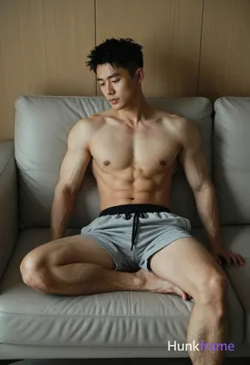 Asian man with light to medium tan skin and short dark black hair seated shirtless on a light gray l