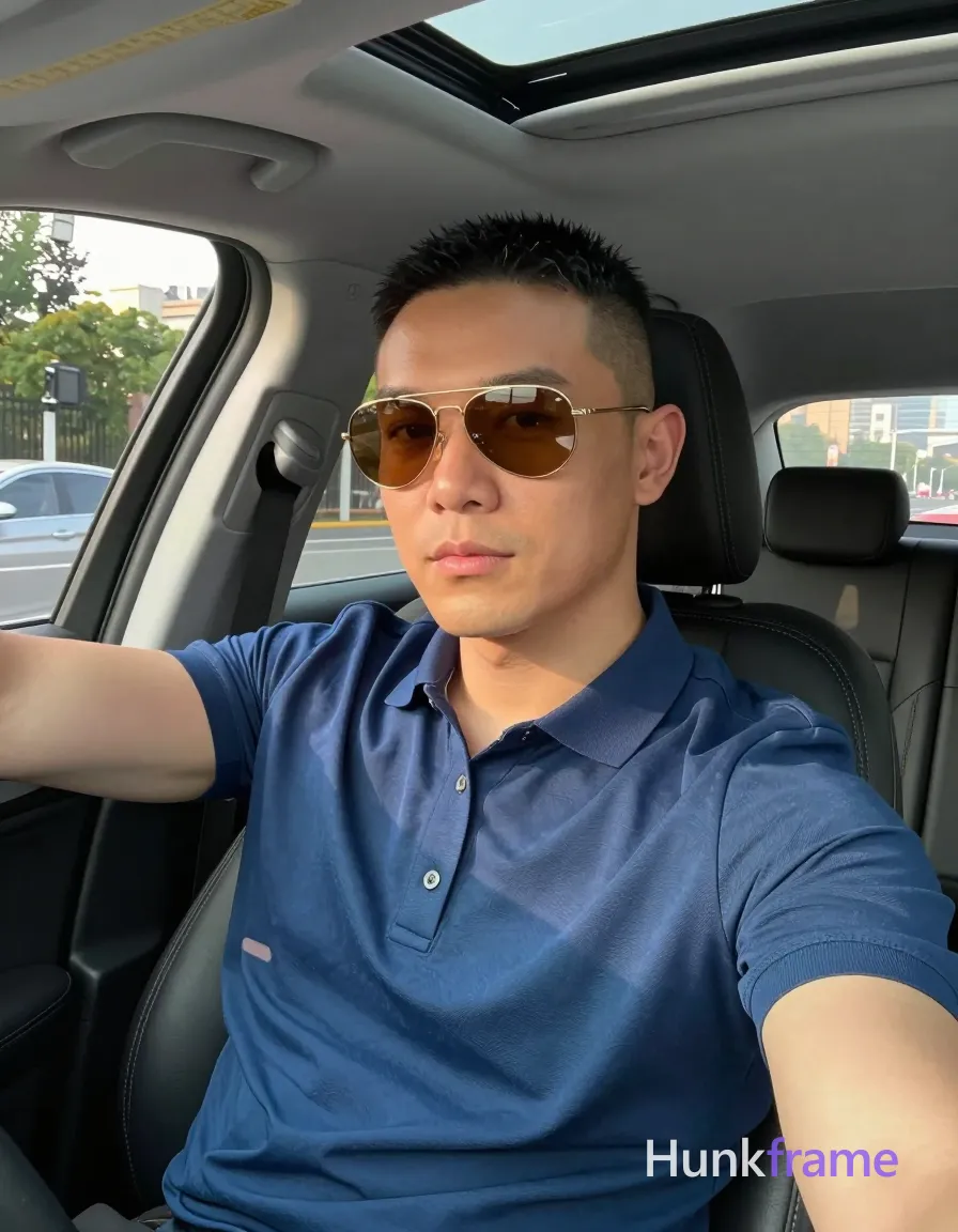 an anonymous figure man with light-medium skin and a short buzz cut featuring black textured top layer, wearing gold-rimmed aviator sunglasses with reflective amber lenses resting on the nose bridge; He is seated in the driver's seat of a car, leaning back against the headrest while extending his left arm outward holding an invisible device for a selfie angle; Dressed in a blue short-sleeved polo shirt with buttoned placket and single visible button, fully clothed adult torso showing broad shoulders and defined collarbones; Portrait crop from chest up to forehead, center-left composition occupying majority of frame, head slightly tilted toward camera; Interior of modern vehicle during daylight hours with sunroof open revealing sky above; city street visible through windows with trees and buildings in distance; Natural sunlight streaming from left side creating soft shadows on right cheek and neck; High-resolution smartphone photography with slightly warm white balance and shallow depth of field blurring background street scene, conveying confident casual luxury mood; The adult man visibly wears; single clean uninterrupted photograph with a cohesive editorial composition and plain continuous surrounding surfaces