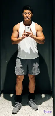 A handsome masculine man as a Xiaohongshu fitness influencer in a candid iPhone 