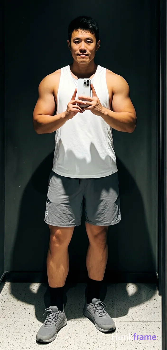 A handsome masculine man as a Xiaohongshu fitness influencer in a candid iPhone selfie; He stands facing forward, holding a white smartphone with both hands at chest level; right hand supports bottom edge while left thumb rests on side; Phone partially obscures lower face and upper torso; Shirtless adult with bare chest showing broad shoulders, defined pectorals, thick thighs; Wearing white sleeveless athletic tank top (an anonymous figure logo visible), grey knee-length shorts, black ankle socks, grey lace-up sneakers; Indoor mirror selfie setting; dark wall background, speckled light-colored floor; Direct flash or ring-light style frontal illumination with high contrast and deep shadows behind subject; Full-body shot from mid-thigh up to neck centered in frame; Vertical social-feed look with trendy vibe, real lifestyle scene capturing casual confidence, shot on iPhone 15 Pro main camera, authentic smartphone computational photography, natural Smart HDR and true-to-life skin texture, vertical 9:16 Xiaohongshu lifestyle feed, bright clean everyday scene, unretouched phone photo with subtle sensor grain, trendy Chinese internet 网红 aesthetic, candid; single clean uninterrupted photograph with a cohesive editorial composition and plain continuous surrounding surfaces