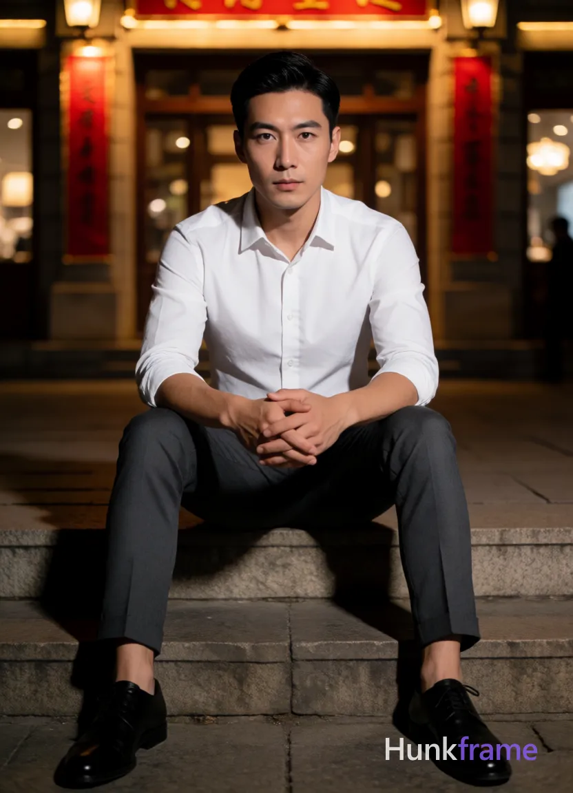 Asian man with short black straight side-parted hair and clean-shaven neck, neutral expression gazing directly at camera; Seated on stone steps in an urban night scene before a warmly lit building with red banners, legs slightly apart, hands resting between thighs with fingers loosely interlaced; Wearing white long-sleeve button-up shirt sleeves rolled to mid-forearm and dark grey slim-fit trousers cuffed at ankles; Broad shoulders, defined pectorals, toned abdomen visible under the fabric; Fully clothed adult male in high-contrast night photography style; Sharply focused subject against softly blurred background with artificial ambient street lighting and warm storefront glow; Polished evening elegance mood, fine-art fashion editorial composition; single clean uninterrupted photograph with a cohesive editorial composition and plain continuous surrounding surfaces