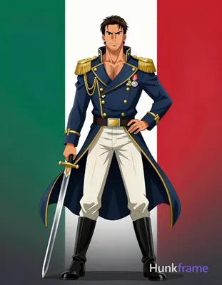 Polished anime 2.5D next-gen rendering of adult man standing upright, left hand 