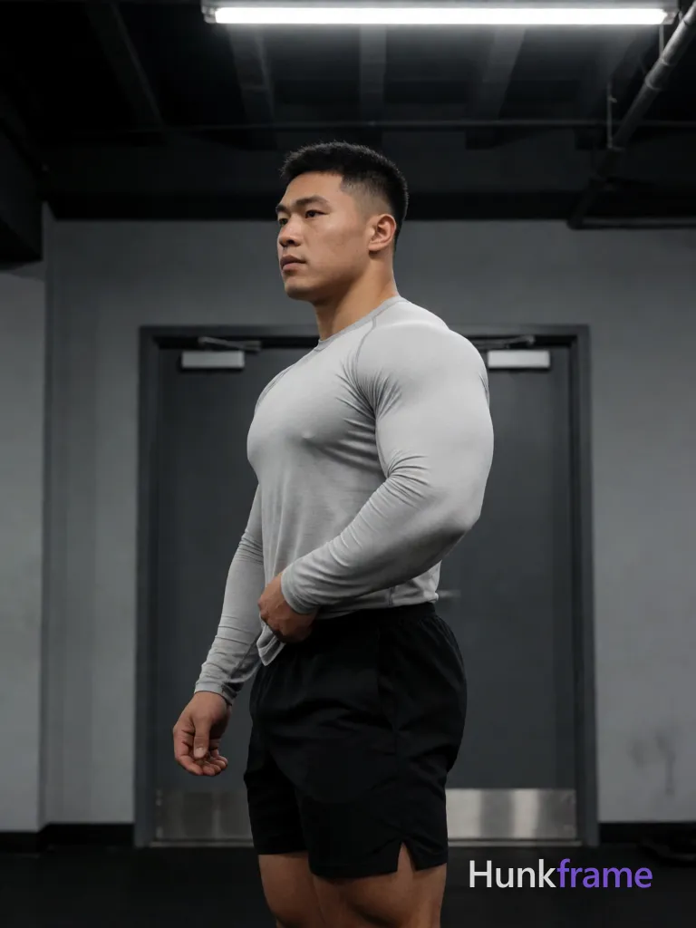 Heavily muscular adult man with substantial muscle mass, wide shoulders, thick neck, large chest and arms, powerful thighs, and dense bodybuilding proportions; Asian man with light-medium skin, short black buzz cut textured top and clean sides, clean-shaven chin and upper lip with light jawline stubble; Standing in profile facing left, right arm bent hand near waistband of black athletic shorts, left leg slightly forward; Wearing fitted light gray long-sleeve compression shirt fully clothed torso; Indoor gym setting with gray walls dark ceiling beams double door background overhead fluorescent strip lights casting cool directional shadows sculpting broad shoulders defined pectorals vascular arms thick thighs fine-art photography aesthetic minimalist composition masculine focused mood portrait 13:19 aspect ratio; FULL TEXT REPLACEMENT: remove every original source word, sentence, slogan, logo, and partial spelling from the text-bearing area, then replace it with only the wordmark, spelled exactly "HUNKFRAME" on the sign in the composition; This is replacement; Preserve appropriate typography and scale; No other visible text, logo, caption, username, hashtag, comment; single clean uninterrupted photograph with a cohesive editorial composition and plain continuous surrounding surfaces