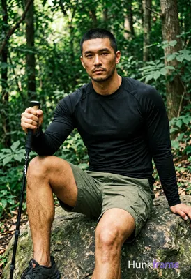 Asian man medium-tan skin short black buzz cut styled top light stubble beard seated on rock in fore