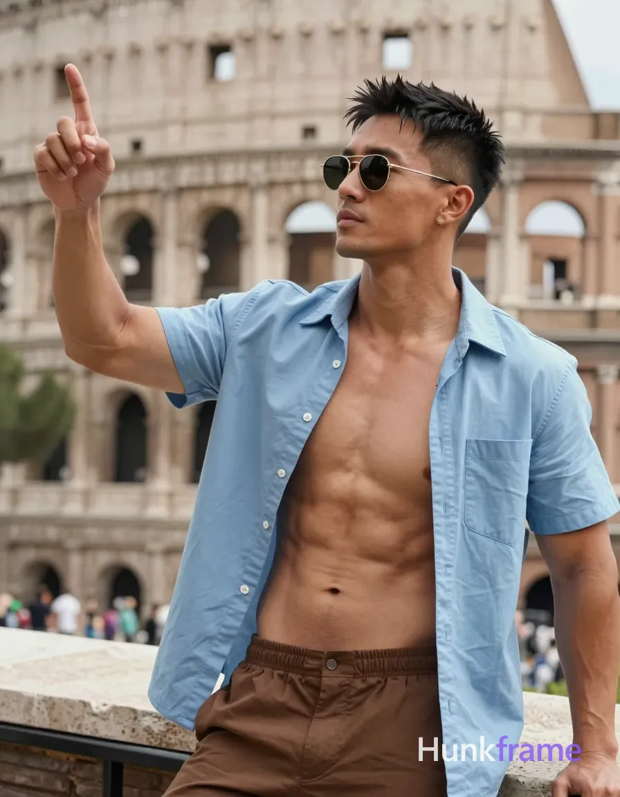Asian man with light-medium skin and short black hair featuring a textured top and faded sides, wearing thin gold-rimmed sunglasses with dark lenses; He is shirtless with a bare chest, wearing an open light blue short-sleeved button-up shirt over his torso and brown shorts; Standing casually near the Colosseum ruins pointing upward with right index finger while left arm rests at side, lean build physique; Bright daylight setting with shallow depth of field blurring distant crowd; High-resolution lifestyle photography, candid iPhone rear-camera snapshot energy, trendy influencer vibe, blue brown green beige gold palette; The adult man visibly wears sunglasses with thin gold frames and dark lenses worn on face on his face; preserve the exact frame shape, rim style, color, material, and lens tint, same aesthetic theme and photo feel as the reference but a different man in a different pose with distinct body proportions, Black man, deep brown skin, cropped hair, broad shoulders, boxer physique not bodybuilder; single clean uninterrupted photograph with a cohesive editorial composition and plain continuous surrounding surfaces
