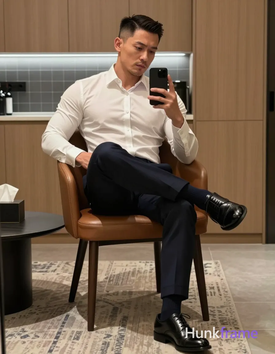 Adult man, slim build with bear energy confidence, short dark brown/black side-parted slick-back hair, clean-shaven face with neutral pensive expression; Seated on a brown leather chair right leg crossed over left knee, torso angled toward mirror holding black smartphone in right hand for selfie capture, left hand resting near shirt cuff; Wearing white long-sleeve dress shirt with French cuffs and buttoned collar, dark navy tailored trousers cuffed at ankles, black patent leather lace-up oxford shoes, dark navy socks visible above shoe line; Modern interior room featuring light wood cabinetry, patterned rug under chair, low oval coffee table with tissue box, tiled backsplash behind subject suggesting kitchen or bar area; Soft ambient indoor lighting mixed with cool-toned backlight from illuminated tile grid in background; Muscle bear aesthetic emphasizing rugged warm confidence and broad shoulders within tailored wardrobe, clean lines and structured silhouette, premium menswear photography, vertical portrait orientation 832x1216; single clean uninterrupted photograph with a cohesive editorial composition and plain continuous surrounding surfaces
