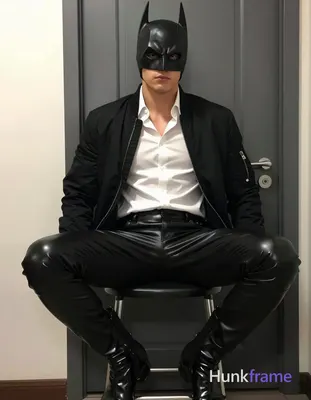 Adult man seated on a stool against a plain wall with a dark gray paneled door, legs spread apart wi