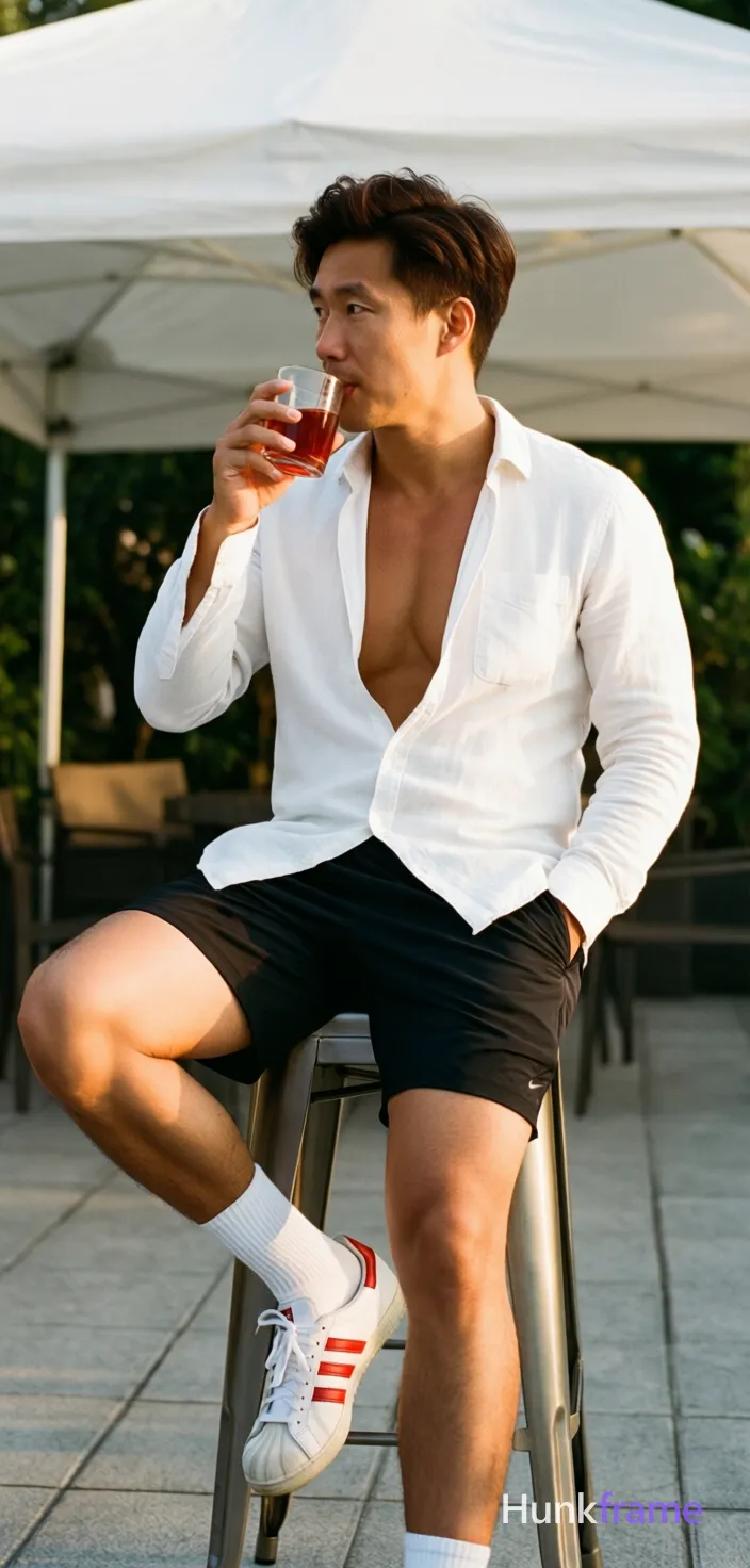 Asian man with light-medium skin and dark brown short hair styled with volume, clean-shaven face gazing off-camera left. Seated sideways on a metal bar stool outdoors under a white fabric canopy; right leg bent flat, left thigh crossed over right knee. Wearing an open white long-sleeve button-up shirt exposing upper chest and pectorals, black athletic shorts above the knee, mid-calf crew socks, and white sneakers with red stripes. Holding a clear glass with reddish liquid near mouth in right hand, left hand deep in pocket. Warm golden-hour sunlight from right casts soft shadows on tiled patio; shallow depth of field highlights natural skin texture against neutral grays., a single uninterrupted photograph only, no written words or typography anywhere in frame, no captions, no app UI, no social-media post layout, no screenshot borders