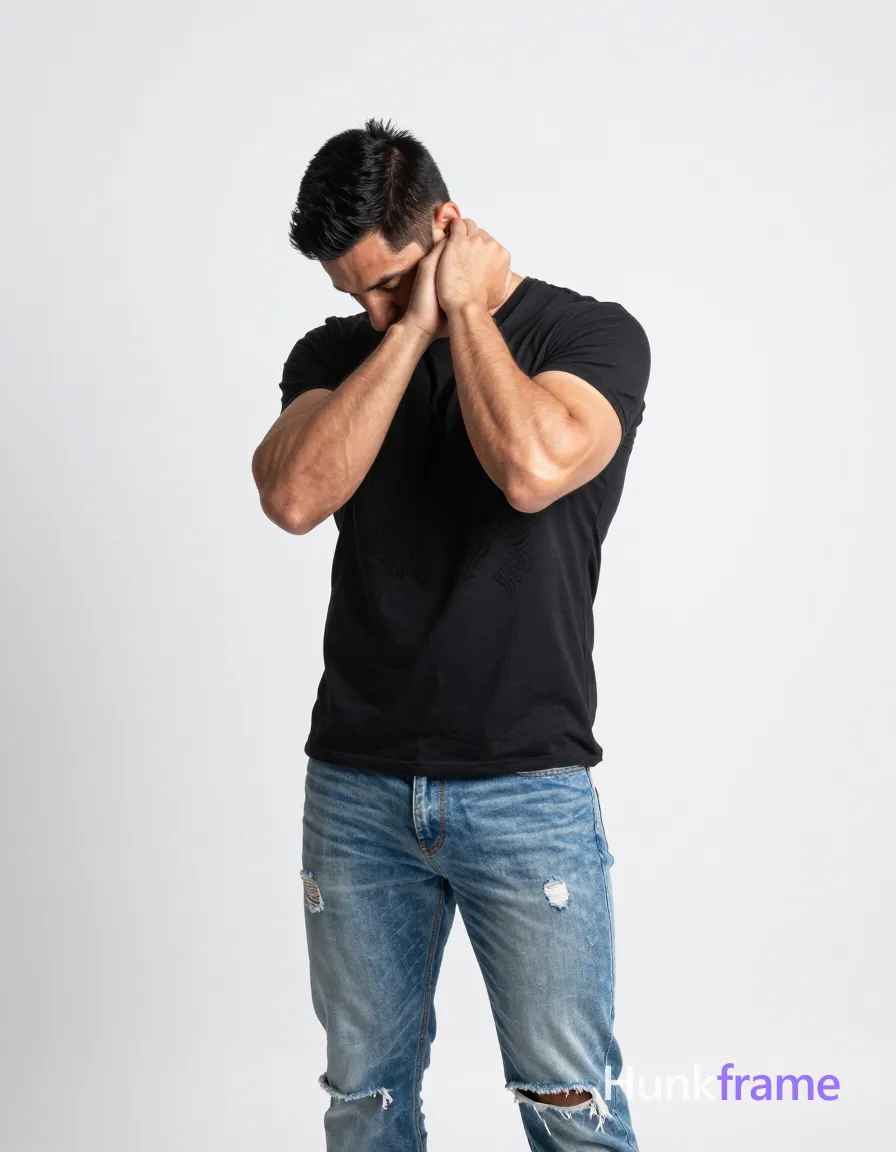 Full-bleed vertical phone wallpaper of an adult man with short black hair and defined biceps standing against seamless white background, torso twisted right. He wears a black graphic tee and light blue distressed jeans with rips at thighs, forearms raised clasping hands behind neck obscuring face. Clean negative space frames mid-thigh up full-body shot in portrait orientation. Soft directional lighting highlights skin tones and fabric texture for screen-safe composition., a single uninterrupted photograph only, no written words or typography anywhere in frame, no captions, no app UI, no social-media post layout, no screenshot borders