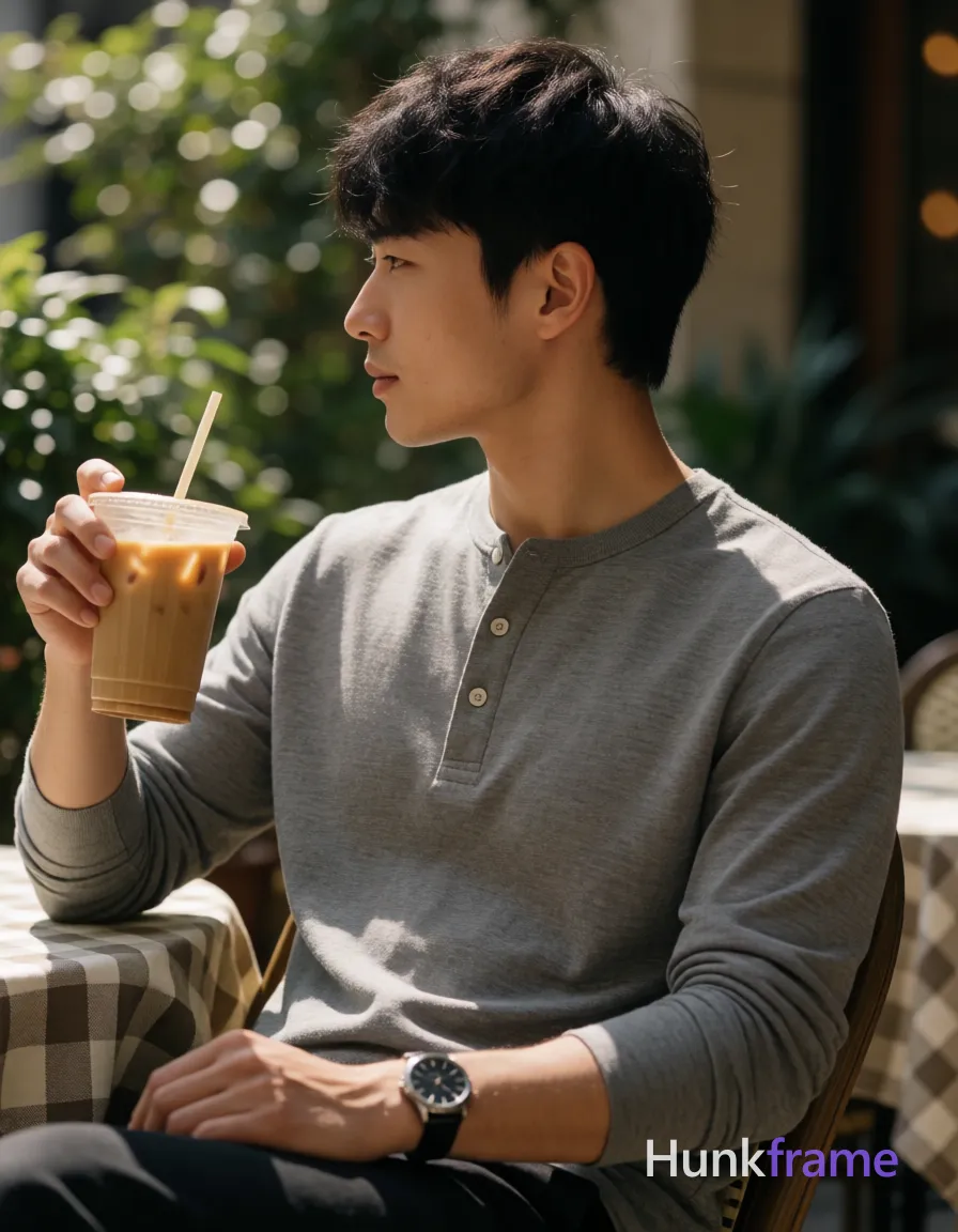 an anonymous figure man with short textured black hair swept forward, clean-shaven face, light to medium tan skin with sun-kissed highlights on shoulders and arms; He sits at an outdoor café table in profile view, body angled right while head turned left looking away from camera; Holding a tall plastic cup of iced coffee with straw in his right hand; left hand rests on lap near wristwatch wearing a grey long-sleeve henley shirt with three-button placket; Waist-up portrait centered composition against blurred greenery and checkered tablecloth under natural sunlight from upper left casting soft shadows; Shallow depth of field, muted earthy palette accented by foliage greens, calm contemplative casual elegance mood; FULL GARMENT TEXT REPLACEMENT: remove every source garment word, sentence, slogan, logo, and partial brand spelling from every existing print area, then replace those source marks with only the wordmark, spelled exactly "HF"; This is replacement, Repeated "HF" marks are allowed only where the source garment already had printed text; preserve appropriate placement, typography, color; single clean uninterrupted photograph with a cohesive editorial composition and plain continuous surrounding surfaces