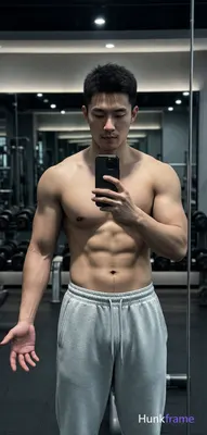 Asian man with short dark textured hair and clean-shaven face, shirtless displaying broad shoulders 