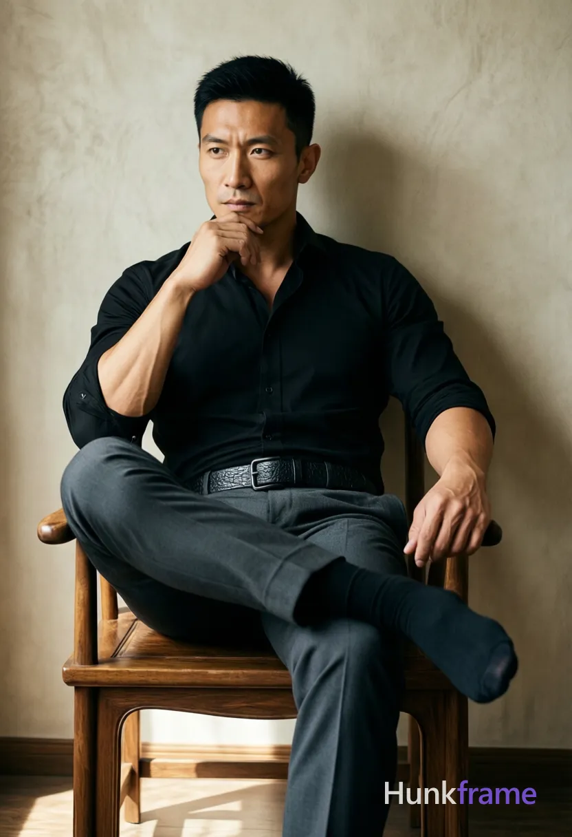 Adult man with short black hair and clean-shaven face sits in a wooden chair, leaning back against a textured beige wall. He wears a black button-down shirt sleeves rolled to elbows, dark grey trousers, a black belt with a textured buckle, and black socks. His left leg crosses over his right knee while he rests his right hand near his chin in a contemplative gesture. Natural directional light from the left casts soft shadows on the floor and highlights his lean build. The composition is an editorial full-body shot from knees to head, centered vertically with a sophisticated minimalist mood., same aesthetic theme and photo feel as the reference but a different man in a different pose with distinct body proportions, Chinese man, light tan skin, high cheekbones, lean wiry martial-arts physique, a single uninterrupted photograph only, no written words or typography anywhere in frame, no captions, no app UI, no social-media post layout, no screenshot borders